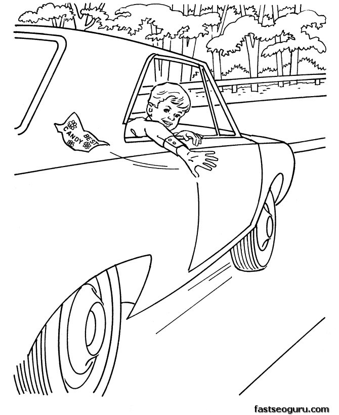 Boy in car coloring pages sheets print out